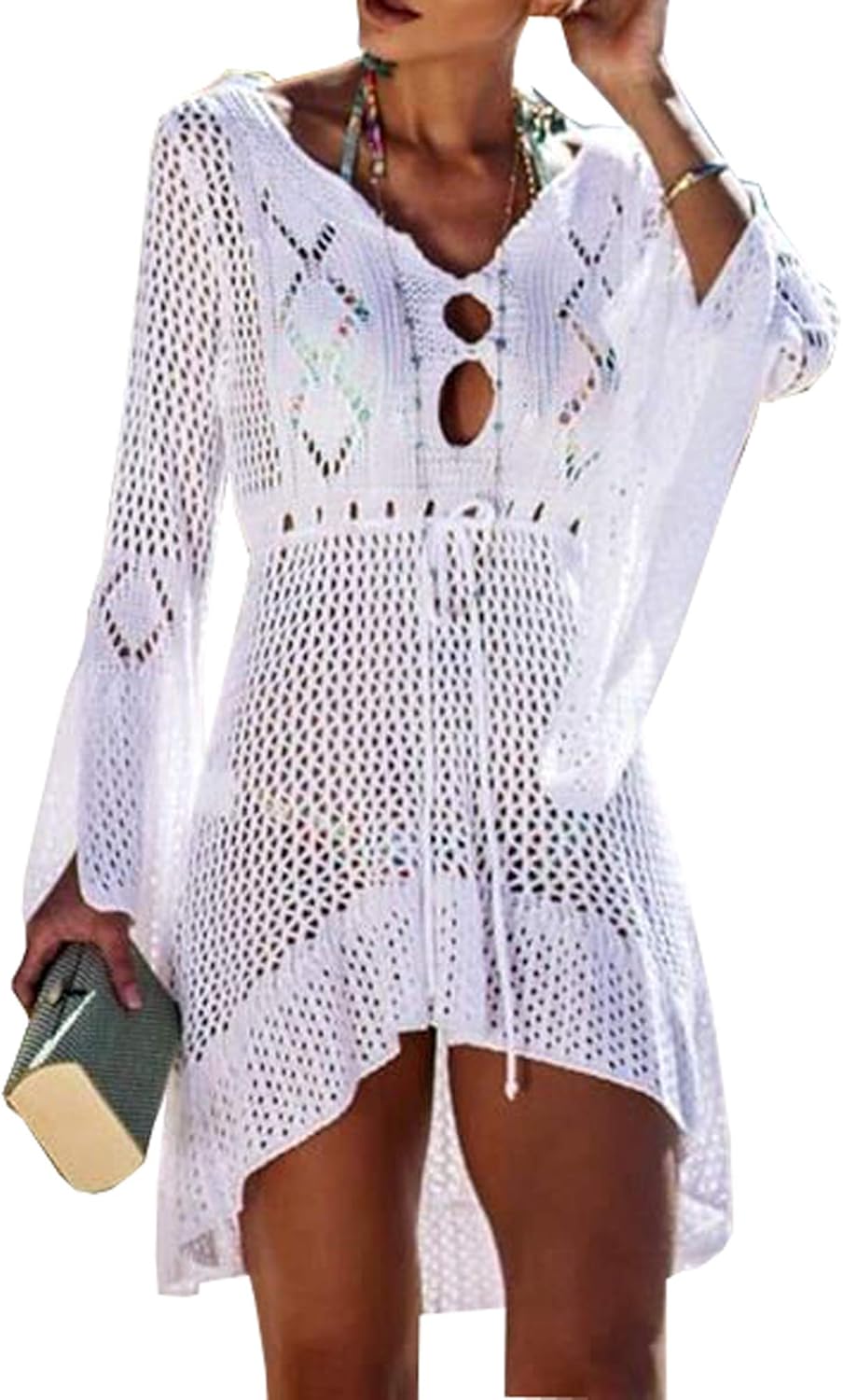 Wander Agio Beach Tops Sexy Floral Cover Dresses Bikini Cover-ups Net Hollow Out White at  Women’s Clothing store