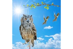 KUNGFU MALL Fake Owl Keep Birds Away: 4PCS Plastic Fake Owls, Bird Scare Reflective Hanging Decoration, Bird Control Device with Reflective Tape to Keep Birds Away from Patio Garden Windows Porch Tree