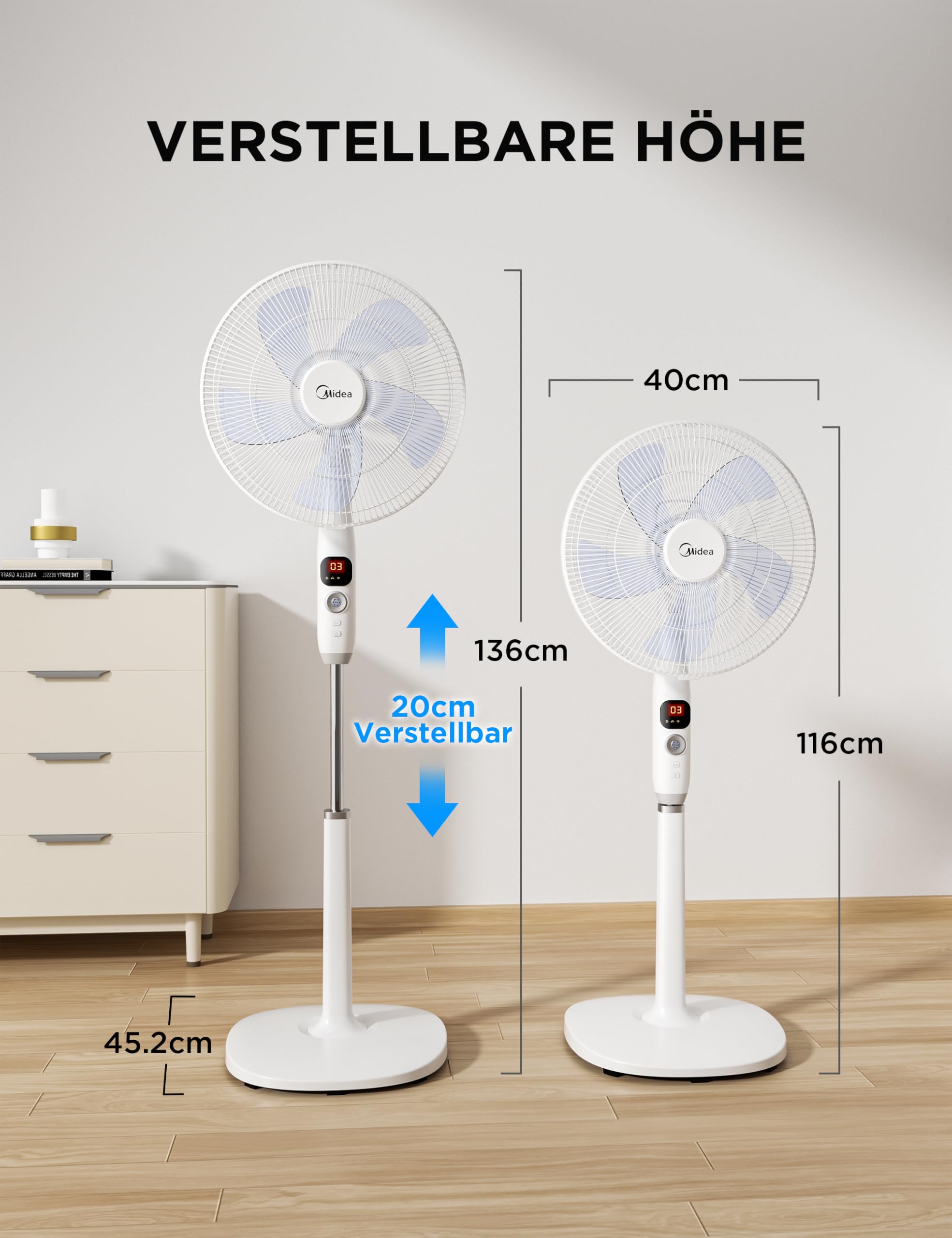 Midea FS40-16CR DC Motor Standventilator leise Extreme,mit Fernbedienung,12 Geschwindigkeiten,12H Timer,4 Modi,LED-Anzeige,energiesparend,22 dB,höhenverstellbar,Luftzirkulation, Weiß 3