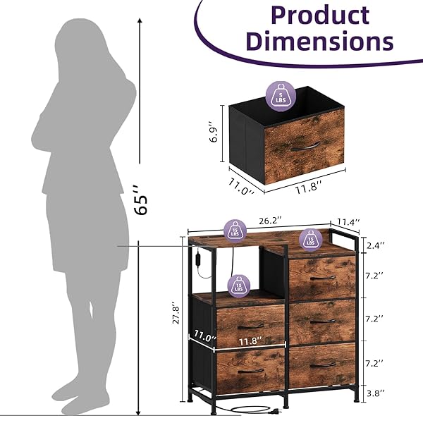 SOMDOT NIGHTSTAND WITH CHARGING STATION AND LED LIGHT, WIDE 5 DRAWERS DRESSER FOR BEDROOM WITH FABRIC BINS AND OPEN SHELF FOR BEDROOM KIDS CLOSET DORM GUEST ROOM, WOOD GRAIN PRINT