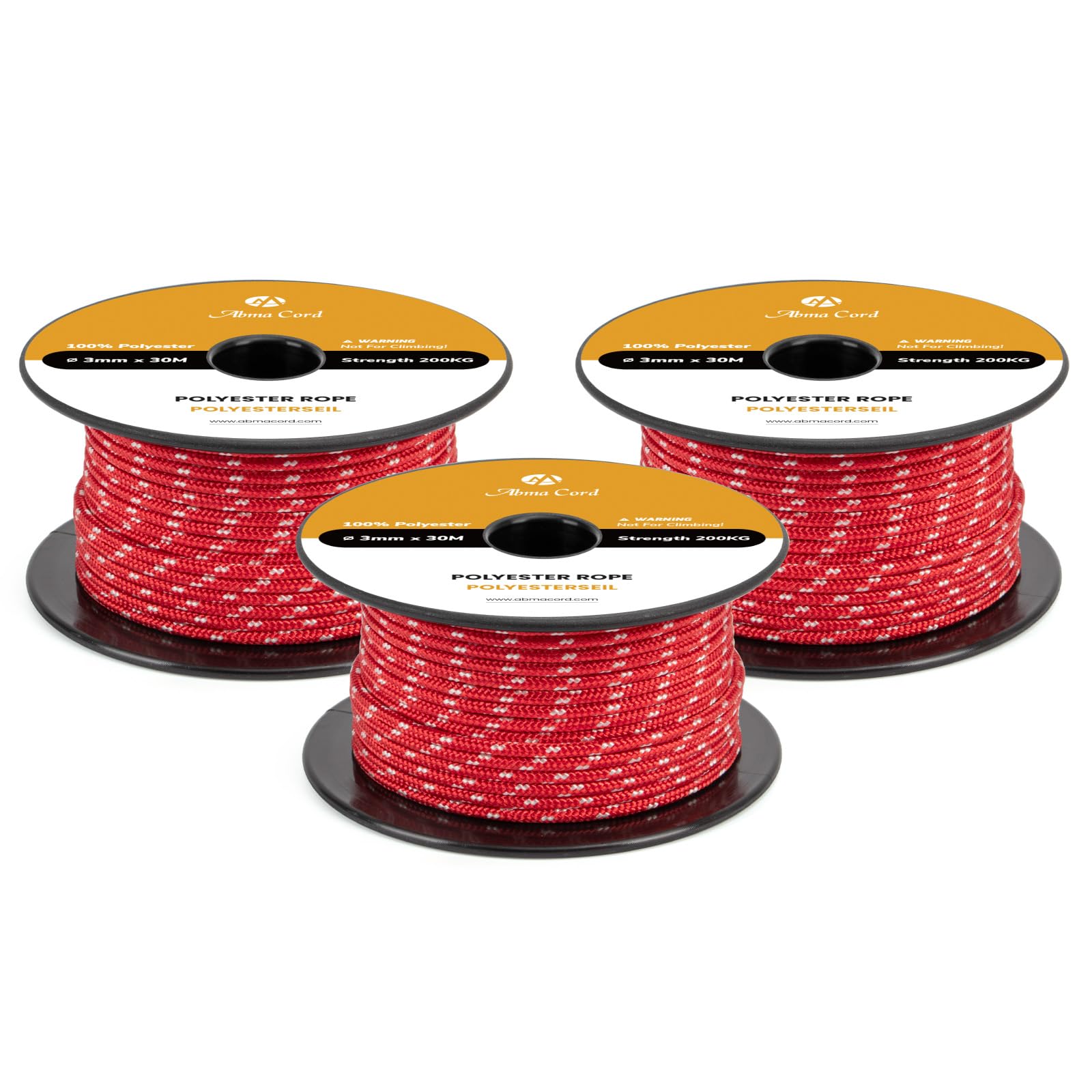 Abma Cord Polyester Cord 3mm x 30m Braid Polyester Rope, Red/White - Heavy Duty & Low Stretch - High UV & Abrasion Resistance