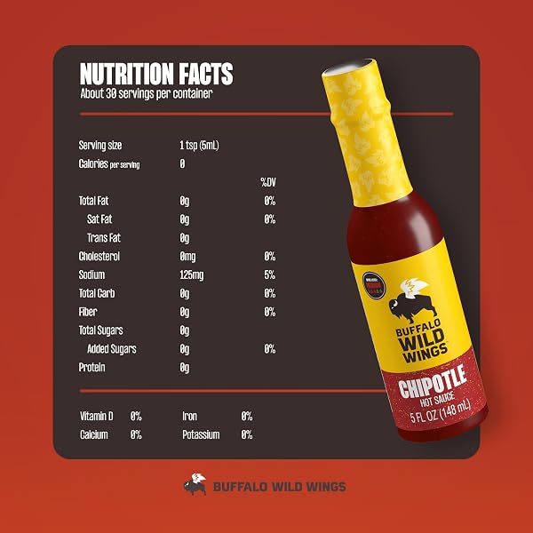 BUFFALO WILD WINGS CHIPOTLE HOT SAUCE, 5 FL OZ, MEDIUM HOT DIPPING SAUCE, MARINADE AND SEASONING FOR CHICKEN WINGS AND PORK RIBS, MADE WITH CHIPOTLE PEPPERS