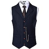 JEMITOP Men's Vintage Slim Fit Suit Vest Formal Prom Party Herringbone Pattern Waistcoat with Chain Detail