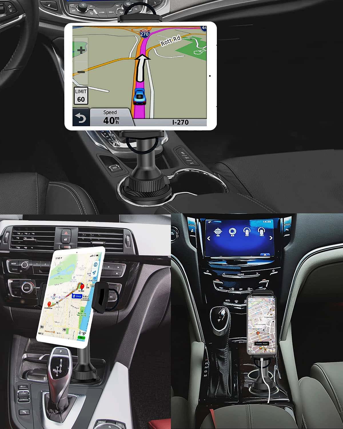 APPS2Car Solid Cup Holder Tablet Mount for Car, Adjustable Height iPad Car Mount for Truck Low Profile Road Trip Essentials Compatible with 4.7-13