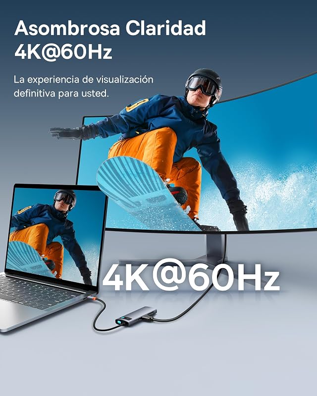Hub USB C 7 en 1 Adaptador con HDMI 4K@60Hz, PD 100W, 3 USB-A 3.0 5Gbps, Lector de Tarjetas SD/TF, Docking Station para Portátil Compatible con Windows/Mac/iPad/Steam Deck/Rog Ally