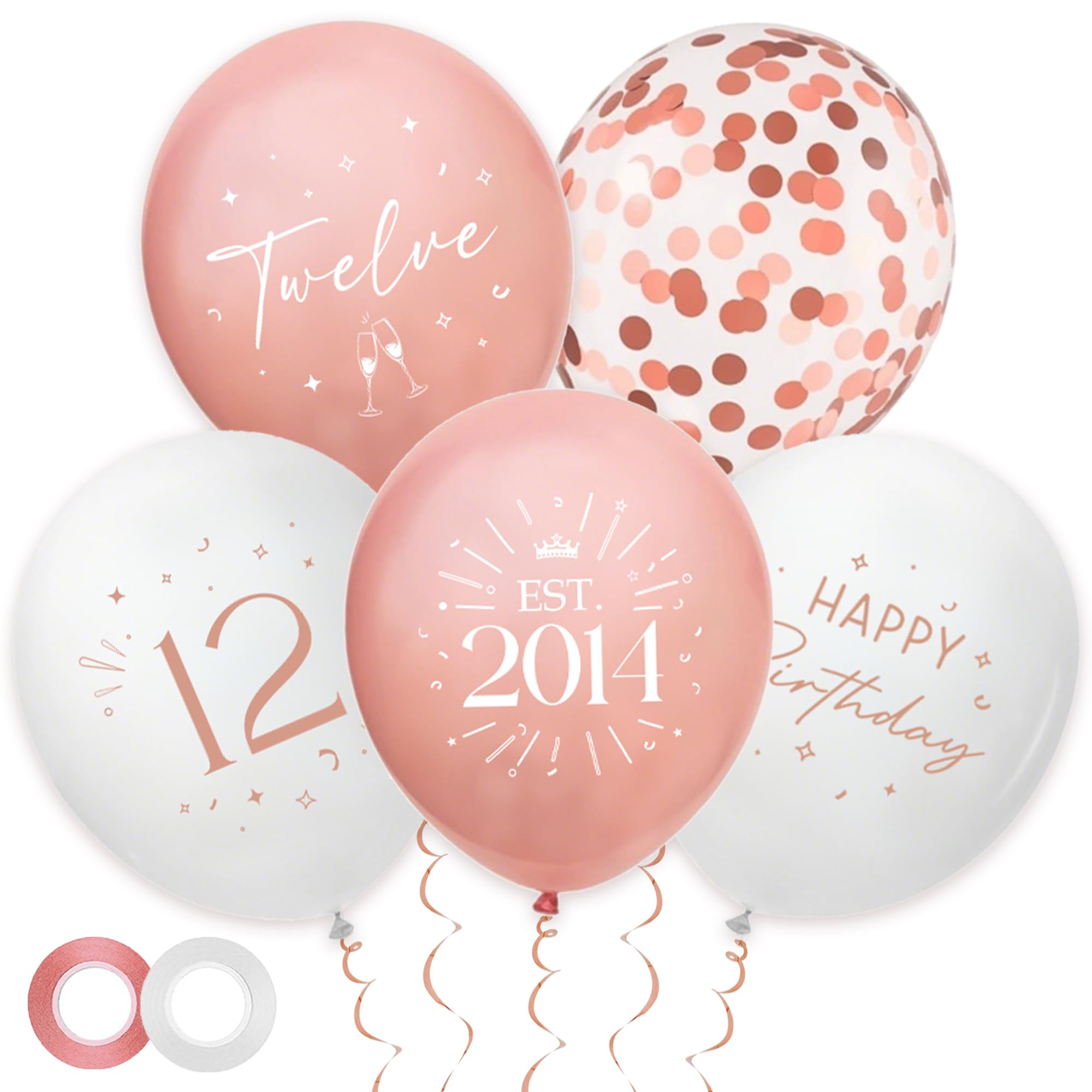 30 Pack 12th Birthday Balloons Decorations - Rose Gold 12 Party Decor for Girls Twelve Balloon with Ribbon, Retro Vintage Classic EST. 2014 Happy 12th Birthday Decoration