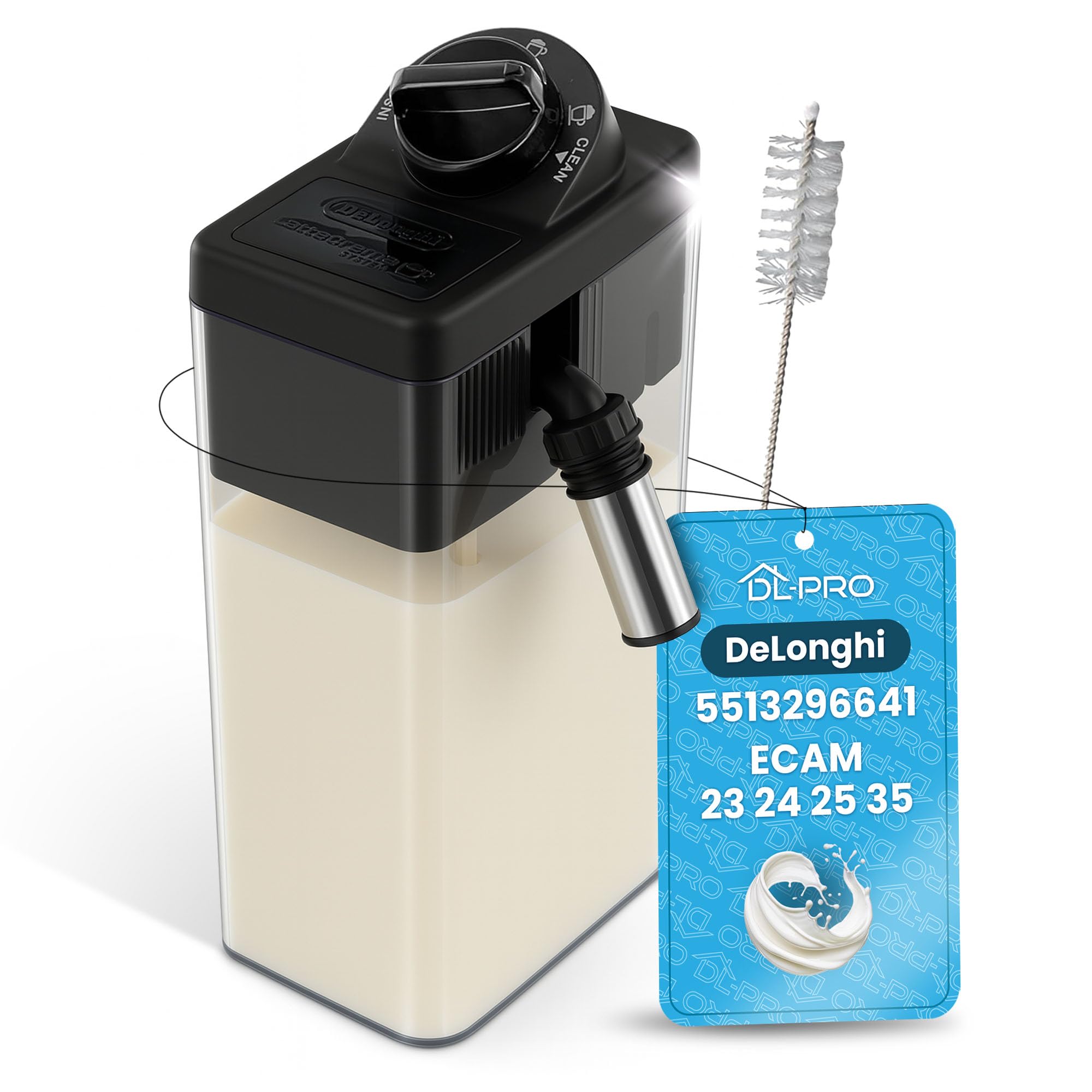 DL-pro Milk Container with Lid for DeLonghi 5513296641 - Compatible Only with ECAM 23.466/24.467/25.462/25.467/350.55/350.75/352.55 - Includes Cleaning Brush