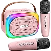 TiMOVO Mini Karaoke Machine, Portable Bluetooth Speaker with 2 Wireless Microphones and LED Lights, Birthday Gifts for Family Home Party, Pink
