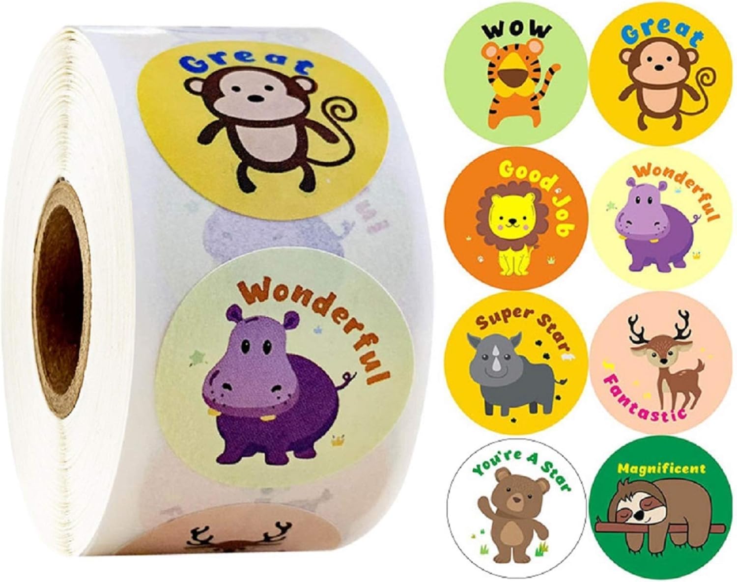 500pcs Reward Stickers Roll, 1.5inch School Motivational Stickers for Children Student, Animal Cartoon Stickers for Teacher Parents Classroom with 8 Designs for Kids: Kitchen & Dining
