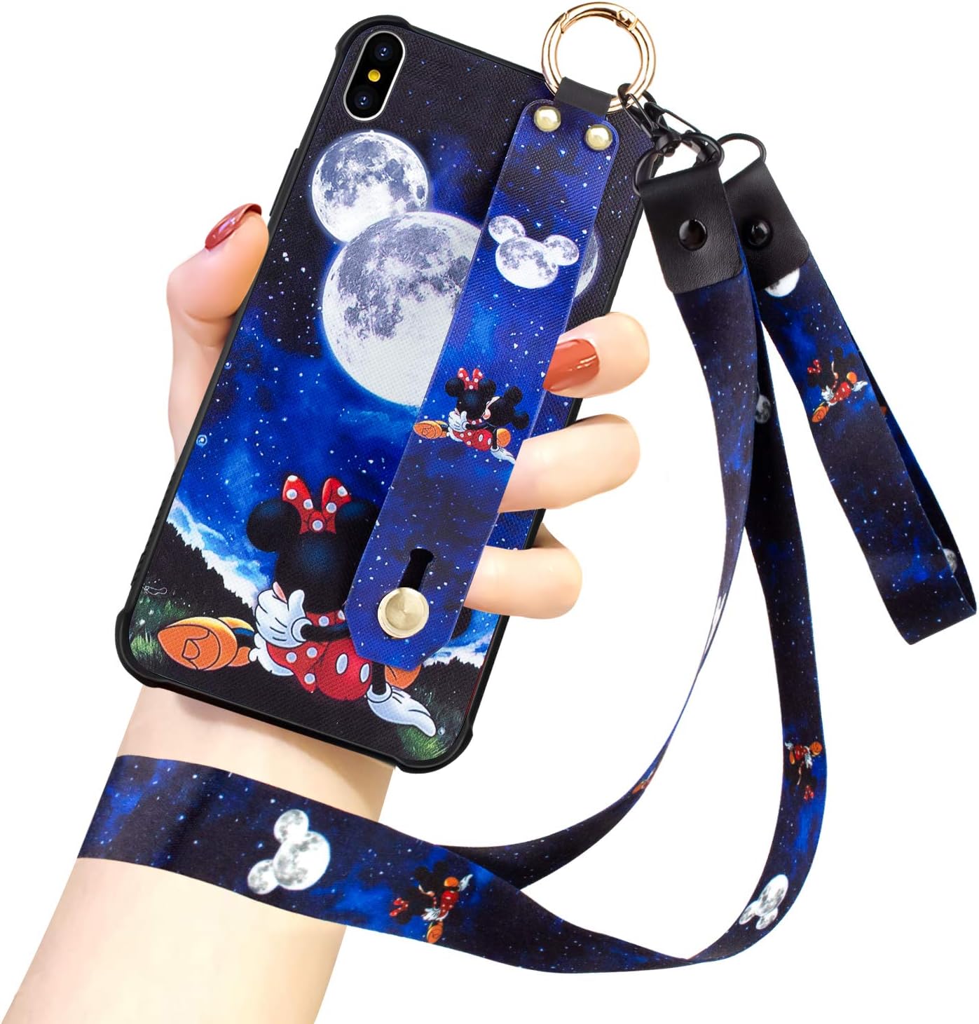 DISNEY COLLECTION iPhone Xs MAX Case, Moon Dating Mickey Minnie Street Fashion Wrist Strap Band Protector Phone Cover Full-Body Bumper Lanyard Case for for iPhone Xs MAX 6.5 Inch 2018