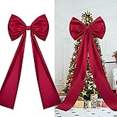 Suncalla 2pcs Extra Large Christmas Tree Topper Bows, 49 x 19 inches Tree Toppers Bows Christmas Decorations Wreath for Home Wedding Party Holiday Decor Supplies(Wine Red,Satin)