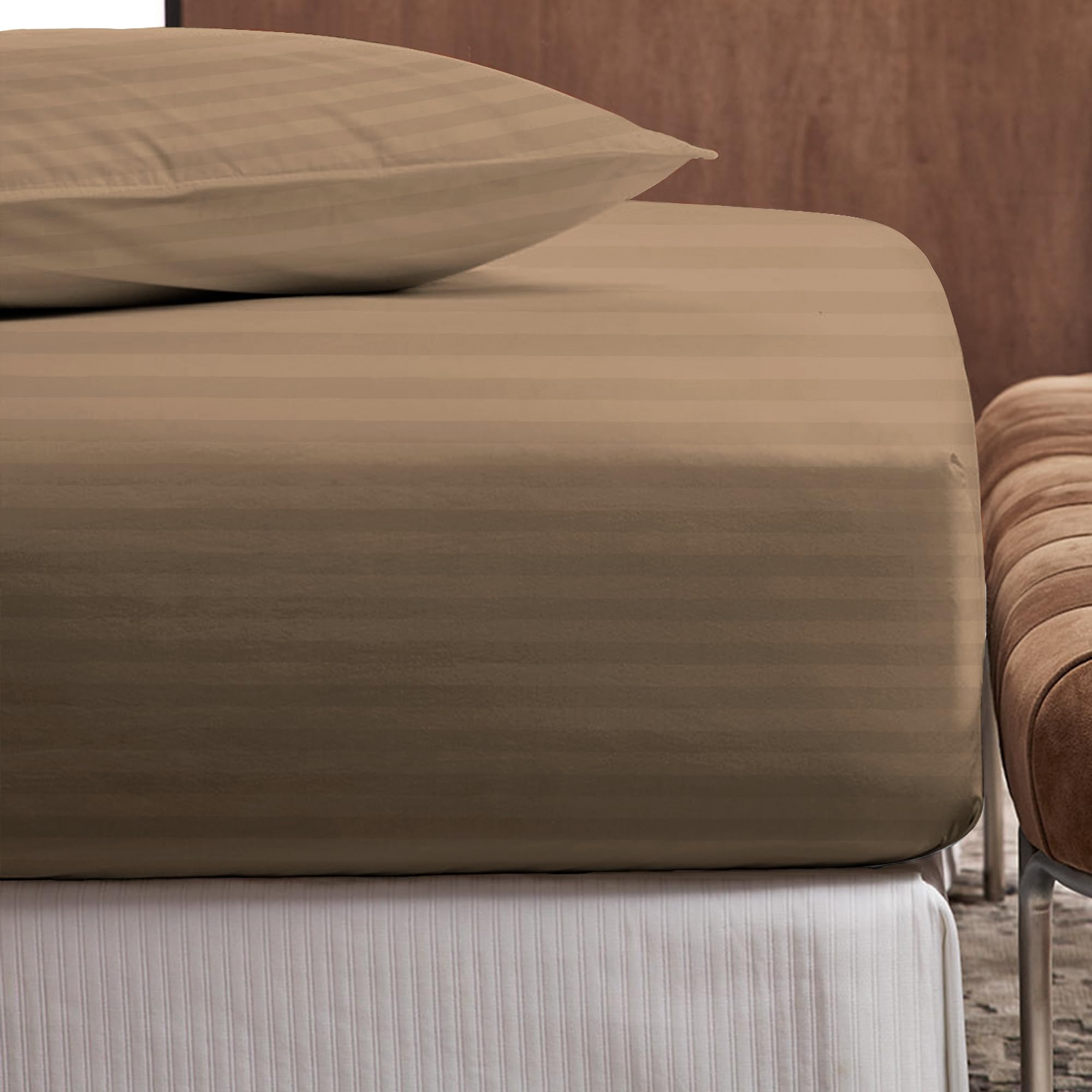 Nisaki Small Single Fitted Sheet 80 × 200 cm 1 Pc, 100% Egyptian Cotton Deep Fitted Sheet with 2 cm Stripe Pattern, Satin Weave Deep Pocket Sheet Fits Mattress upto 40cm (Latte Colour Fitted Sheet) — image 1