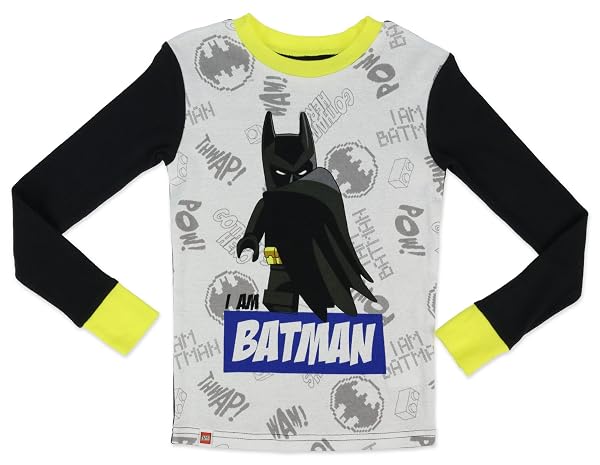 LEGO BATMAN BOY’S PAJAMA 2-FOR-1 SET, 4-PIECE COTTON PAJAMA SETS, BLACK/GREY, LITTLE KID SIZE 8