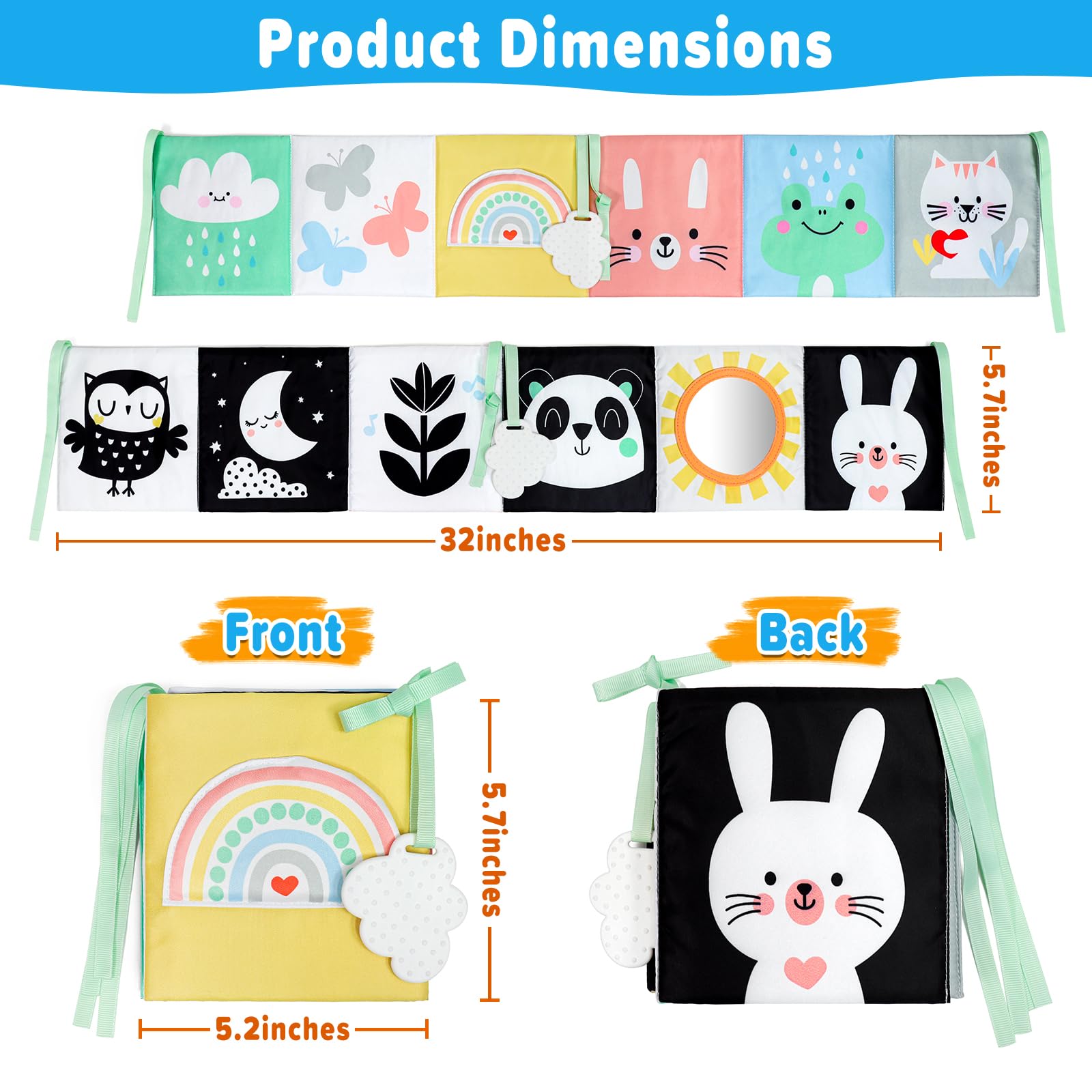 OKOOKO Black and White Baby Book, High Contrast Toy, 0-6 Months Baby Soft Book Tummy Time Montessori Sensory Toy for Stroller Early Education for 0-6 6-12 Months Newborn Infant