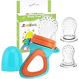 Zooawa Baby Food Feeder, Soft Silicone Mesh Fruit & Food Feeder Pacifier Teether Feeding Pacifier Teething Toy for Infants, BPA-free, 3 Different Sized, Blue + Orange