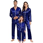 SWOMOG Couples Satin Pajamas Set Womens Matching Silk Long Sleeve Sleepwear 2 Piece Button Down Pjs Set Lounge Set Deep Navy Blue
