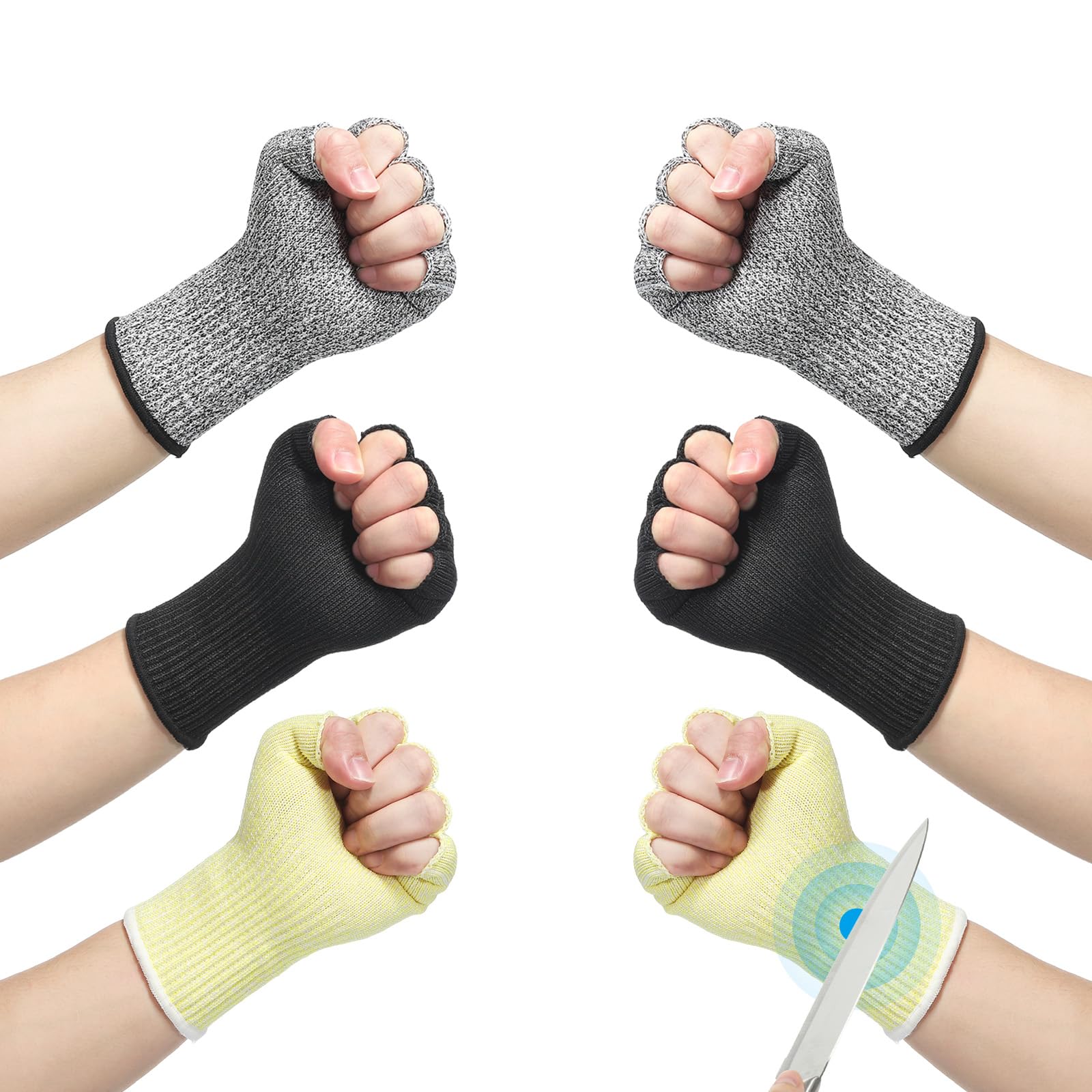 PATIKIL 8 Inch Cut Resistant Sleeves with Finger Grips, 3 Pair Forearm Protective Sleeves Level 5 Protection Arm Safety Protectors Sleeves for Thin Skin and Bruising, Black/Gray/Yellow