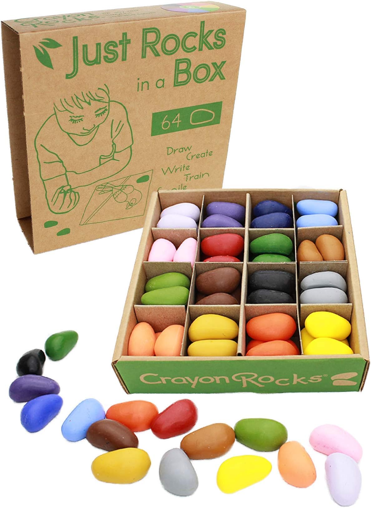 Crayon Rocks - Non-Toxic soya crayons for kids [pencil grip stimulating] - just Rocks (64) durable ecological wax crayons in 16 washable colours in kraft paper box - drawing on paper and fabric
