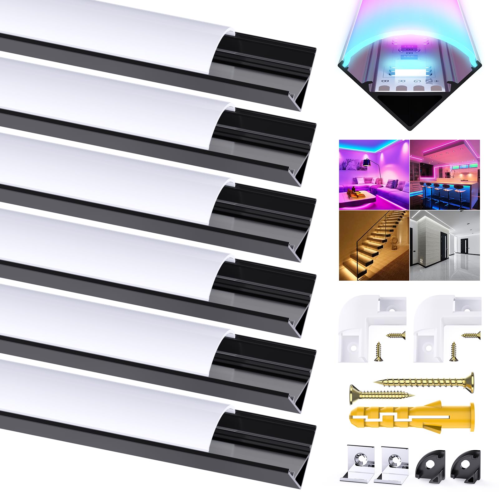 Black LED Strip Profile, 6Pack LED Aluminum Channel 3.3ft/1Meter V-Shape LED Profile with Milky White Cover, End Caps, Mounting Clips Aluminum Extrusion 90 Degrees Connectors for LED Strip Lights