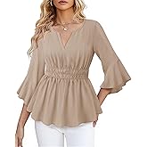 VAFOLY Womens Dressy Casual Peplum Tops Ruffle 3/4 Sleeve Henley V Neck Chiffon Blouses