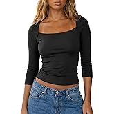 PrettyGuide Women's Square Neck 3/4 Sleeve Crop Tops Lace Trim Cotton T-Shirts Cute Fitted Going Out Basic Tees