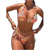 SweatyRocks Women's Triangle Bikini Swimsuit Paisley Print 2 Pieces Halter Bikini Sets Swimwear