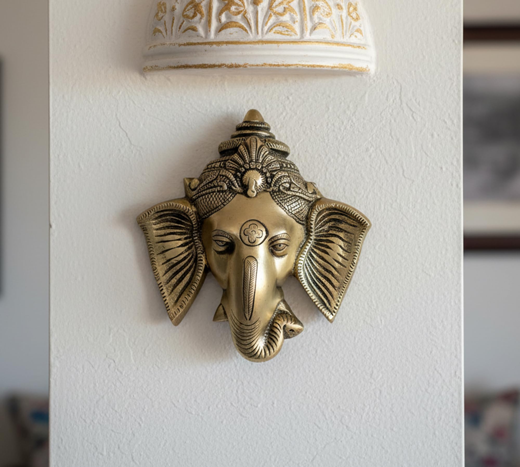 StonKraft Brass Embossed Ganesh Scultpure Wall Hanging for Wall or Door Decor