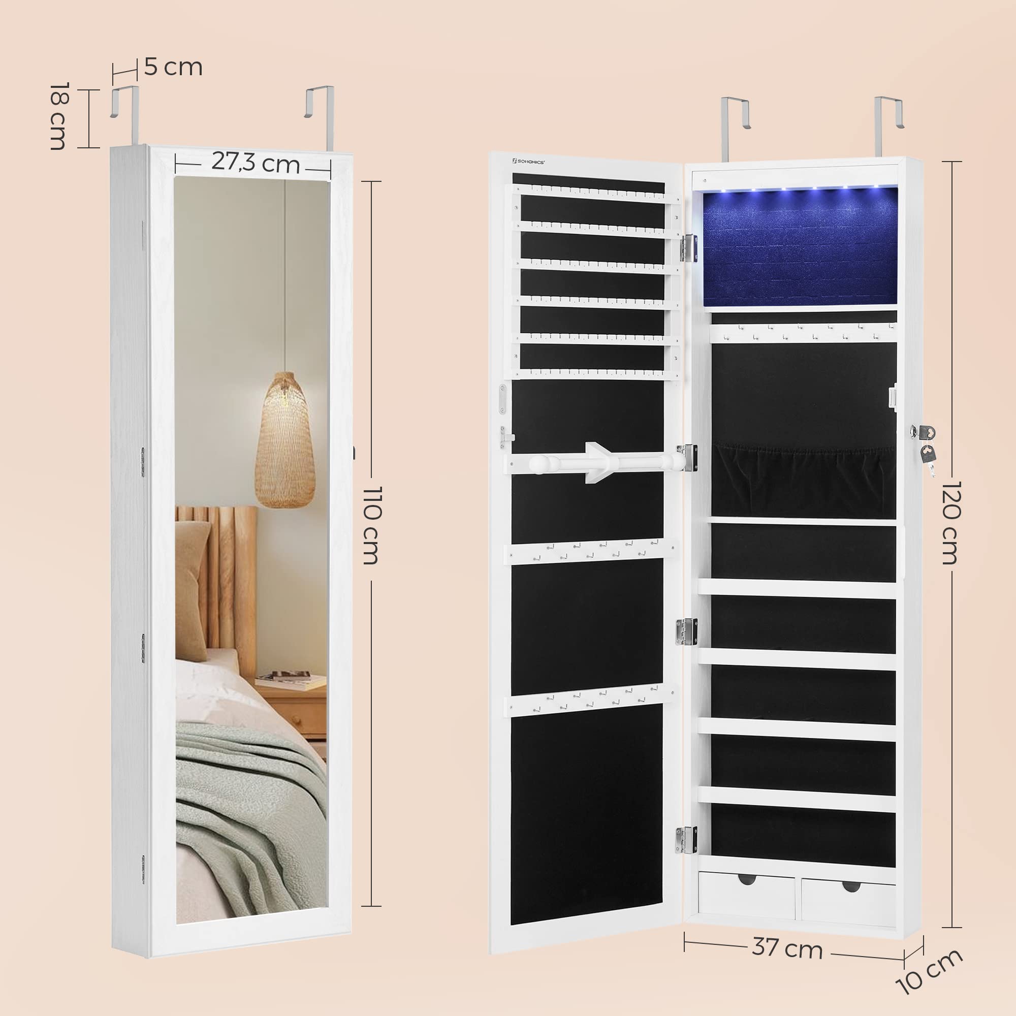 SONGMICS Schmuckschrank hängend, Wandspiegel, 6 LED-Glühbirnen, abschließbarer Spiegelschrank, Wandschrank, Wandmontage, an der Tür hängend, weihnachten, weiß mit Holzmaserung JBC93W 6