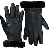 UGG Women’s Sheepskin Cuff Gloves with Touchscreen Fingertips, Genuine Leather Exterior, Fur Trim, and Logo Detail
