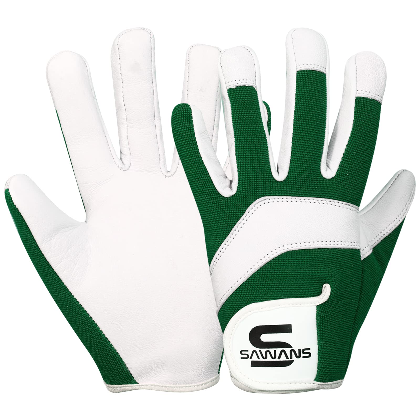 SAWANS Leather Gardening Safety Working Gloves Thorn Proof for Men and Women Multipurpose Garden Gloves for Ladies Durable Mechanic Builder Construction Non-Slip (Medium, White/Green)