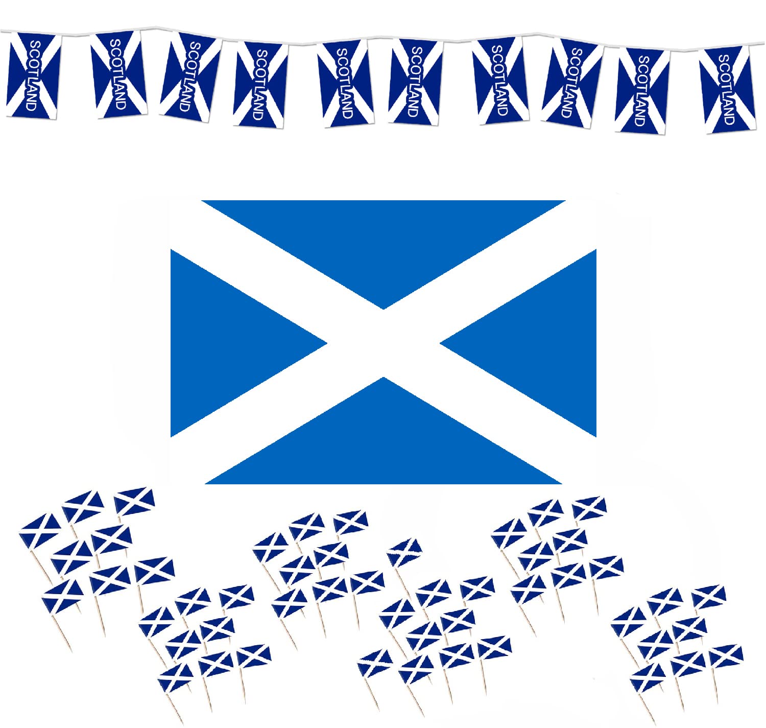Scotland/Scottish Party Set: 6m of Flag Bunting + 5ft x 3ft Flag + 50 Cocktail Picks