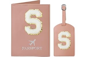 JOYRNALK Passport Holder for Travel Women Initial Passport Cover Passport Wallet Passport Case Travel Essentials Leather Passport Holder and Luggage Tags Set With Chenille Letter Patch for Travel Family Pink S