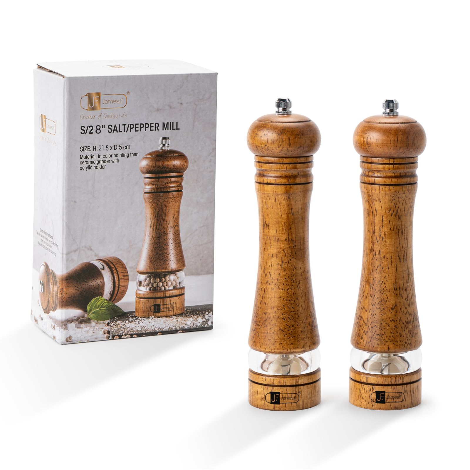 JF JAMES.F Wooden Salt and Pepper Grinder Set 8 inch Rubber Wood Salt and Pepper Mills Set of 2 with Acrylic Visible Window & Adjustable Ceramic Rotor
