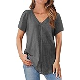 Cicy Bell Womens V Neck T Shirts Summer Short Sleeve Curved Hem Tops Casual Loose Fit Tunic Basic Tee Shirts