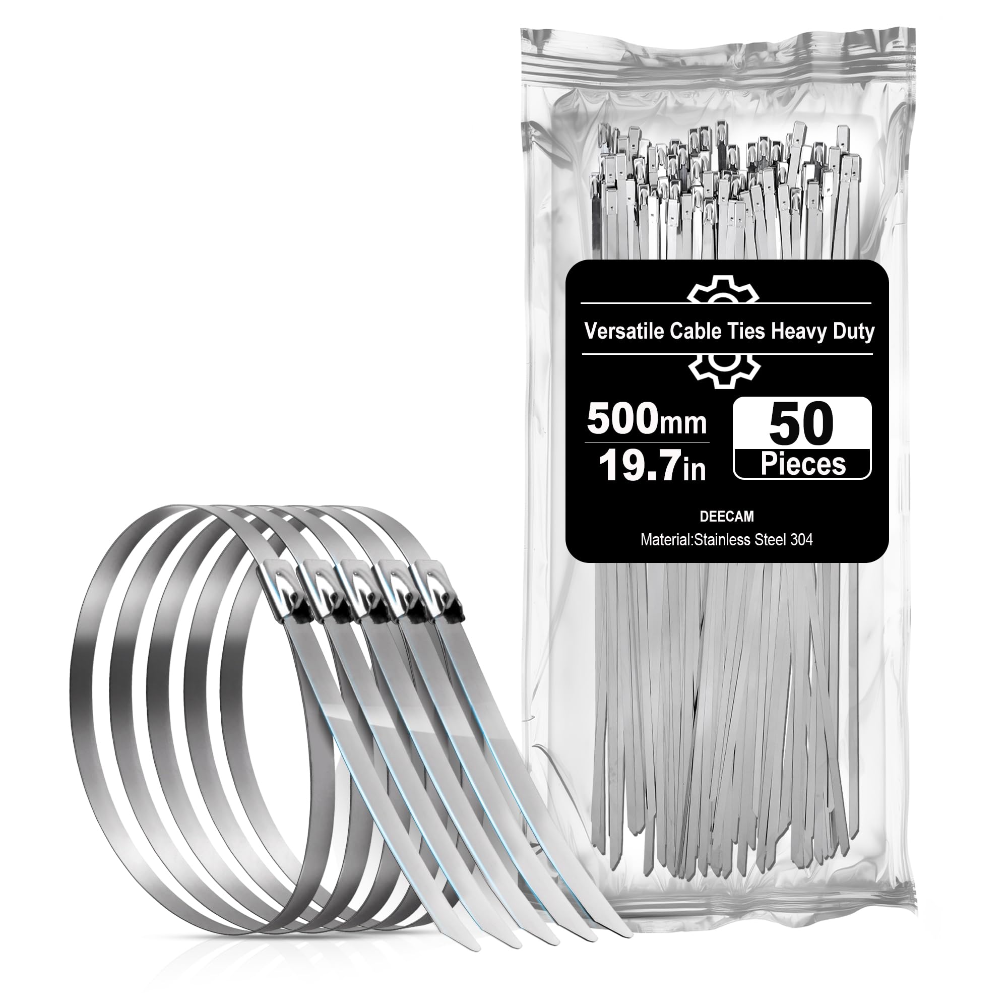 Stainless Steel Cable Ties, Deecam 50 Pcs 4.6×500mm Metal Cable Tie, 304 Stainless Zip Ties with Steel Ball Stopper, Suitable for Exhaust Wrapping, Binding Tie, Garden Repair and Fixed Fence(50 Pcs)