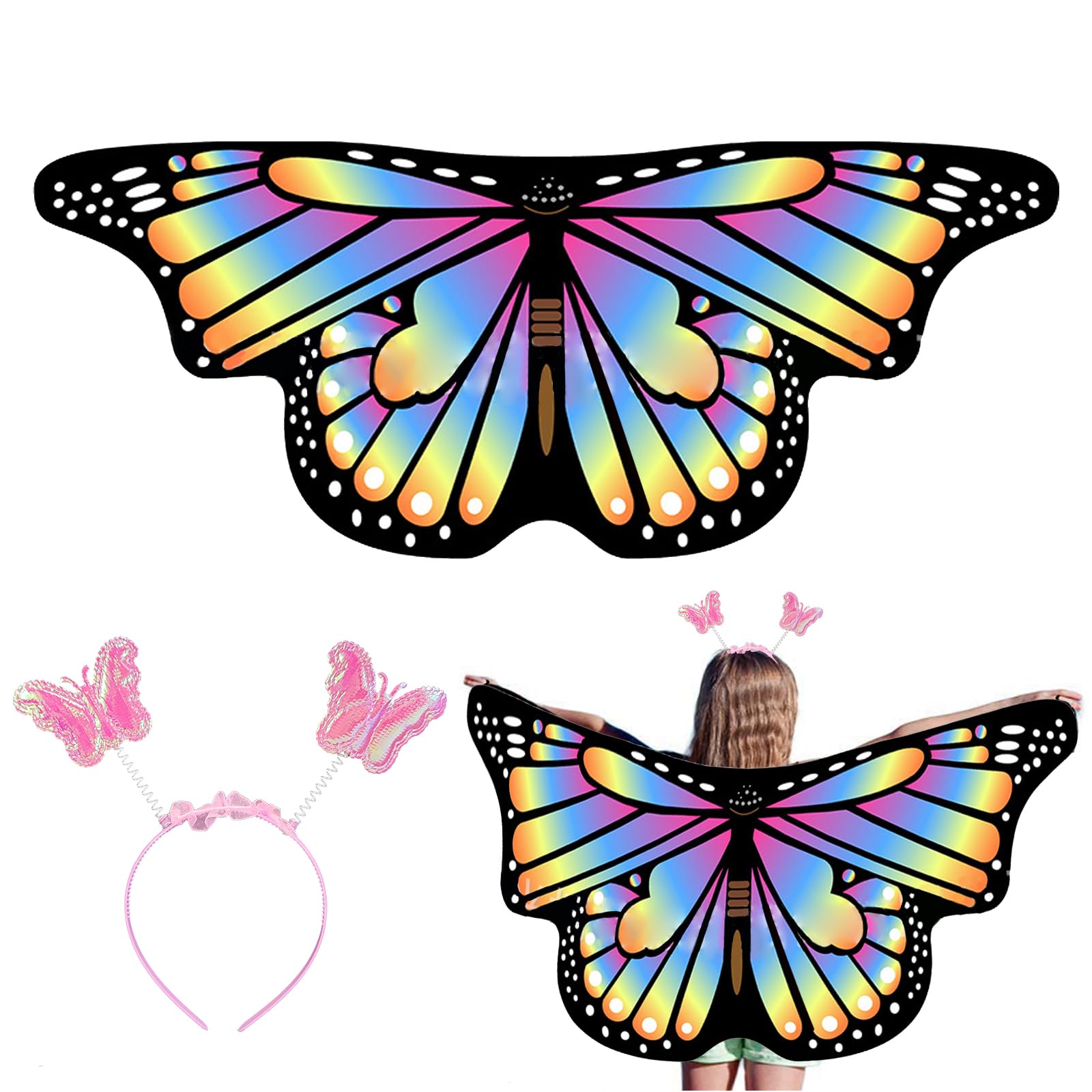 EQLEF Kids Butterfly Wings Cape, Butterfly Fairy Wings with Headband Kids Butterfly Cloak Costume Butterfly Dress Up for Girls Fancy Dress Party Play Party Favor 3-6 Years Old (Rainbow color) — image 1