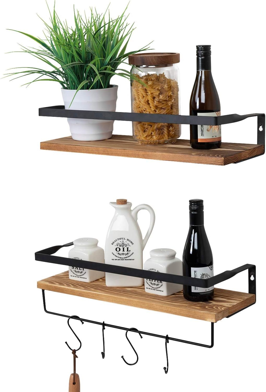 Homcosan Floating Shelves Wall Mounted Storage Bamboo Shelves Wood Towel Shelf with 4 S-Shape Coat Hooks Multifunction Decorations Set of 2 for Bathroom, Kitchen, Living Room, Home(Brown): Furniture & Decor