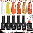 Beetles Orange Gel Nail Polish Set, 6 Colors Yellow White Gold Glitter Gel Nail Polish Kit Fall Winter Nail Gel Polish Soak Off Uv LED Lamp Nail Art Design Manicure Gift for Women
