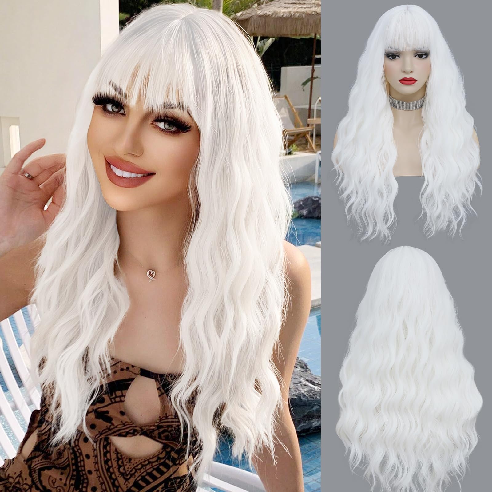 Photo 1 of VERNA Long White Wig with Bangs for Women, 26'' Wavy Wigs for Women, Heat Resistant Cosplay Wig (26 inch, White)