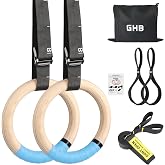 GHB Gymnastic Rings Wooden Gym Rings 1.25" | Olympic Rings Adjustable Straps Pull Up Rings Sets for Workout Bodyweight Fitness Training