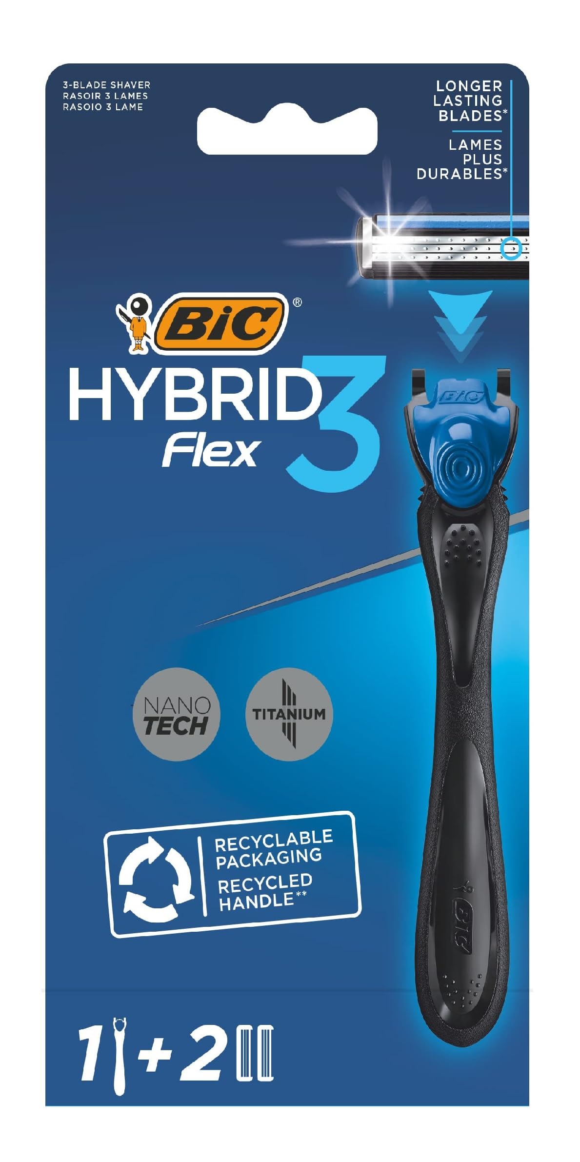 BIC Hybrid 3 Flex Refillable Men's Razor Kit, 90% Recycled Plastic Handle and 3-Blade Refills - Box of 1+2