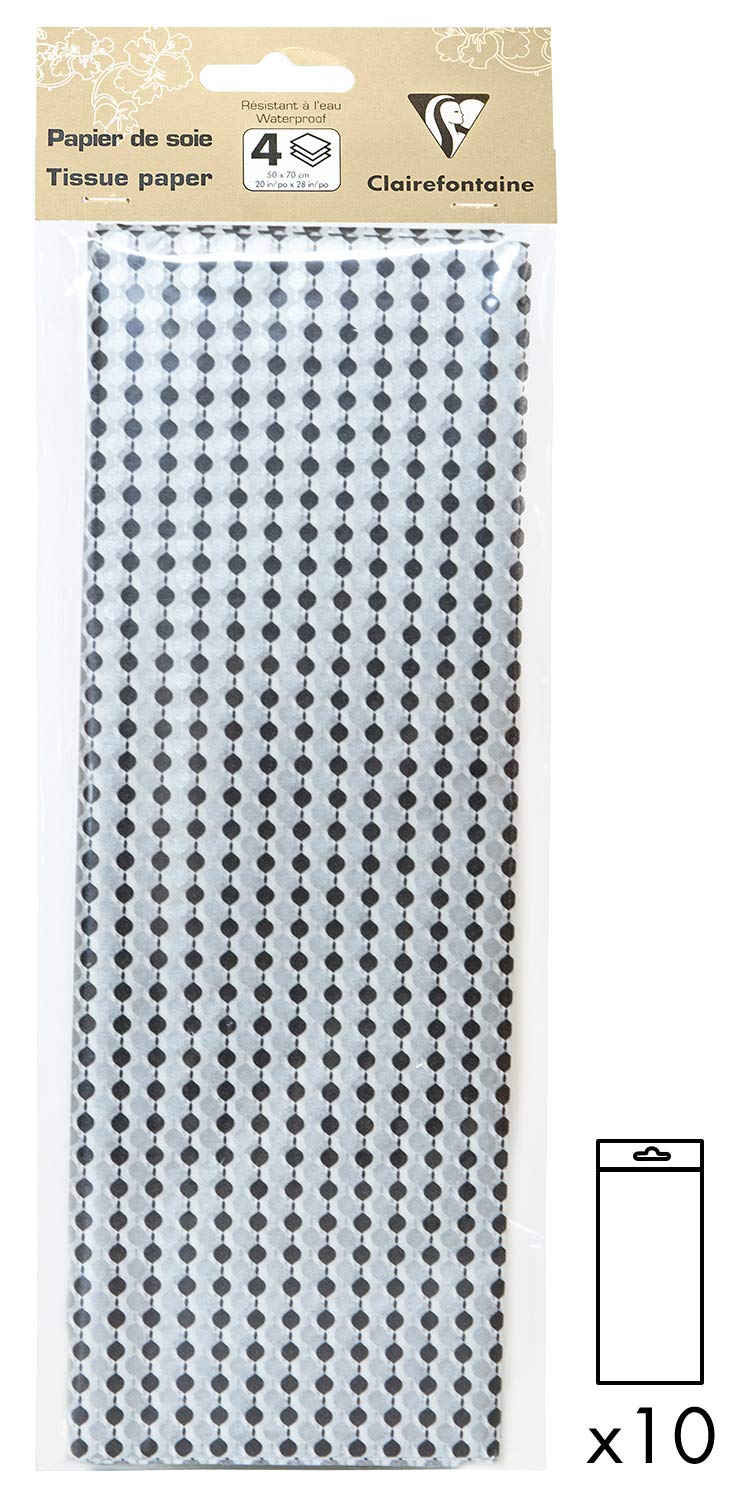 Clairefontaine - 393815AMZC - Silk Paper - Pack of 40 Folded Sheets - Dimensions: 50x70cm 18g - Design : Black Balls/Silver - Gift wrapping, Personalised gifts
