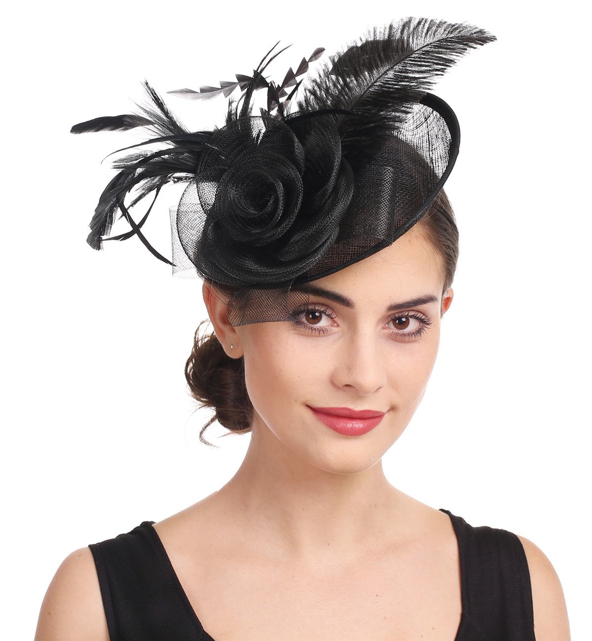 Women Elegant Fascinator Hat Bridal Feather Pillow Sinamay Hair Clip Accessories Cocktail Wedding Royal Ascot Party, M, A4-black Sinamay