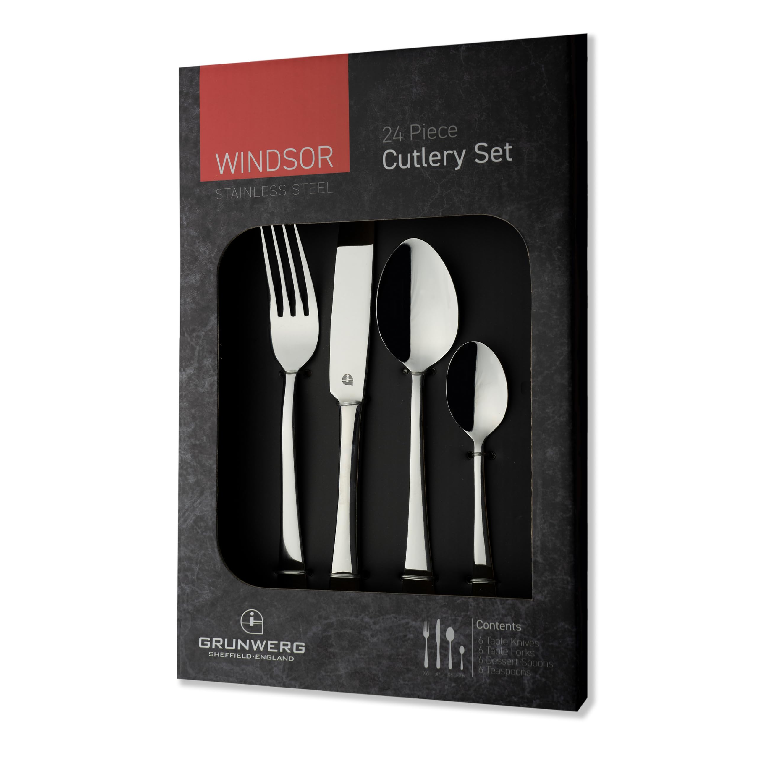 Grunwerg Windsor 24-Piece Boxed Mirror Cutlery Set 24BXWDR, 18/0 Stainless Steel, Silver