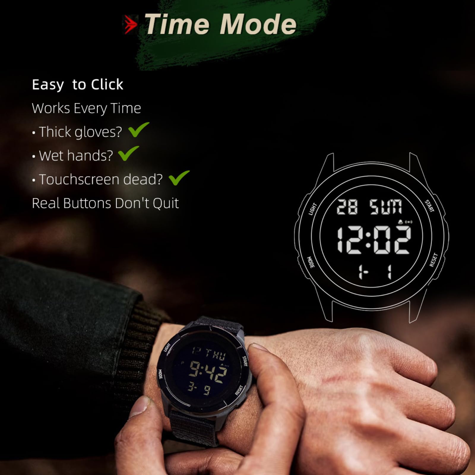 Digital Watch Military Watches for Men Black Tactical Sports Waterproof Men's Women's Wrist Watch with LED Backlight Nylon Band Stopwatch,Green