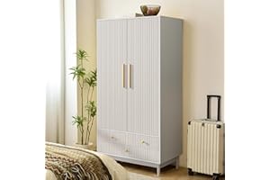 Fsbecl Armoire Wardrobe Closet with 2 Fluted Doors Wardrobe Cabinet with Shelves and Hanging Rod Freestanding Clost Modern Wooden Bedroom Armoire Cabinet Clothing Organizer with Drawers (White)