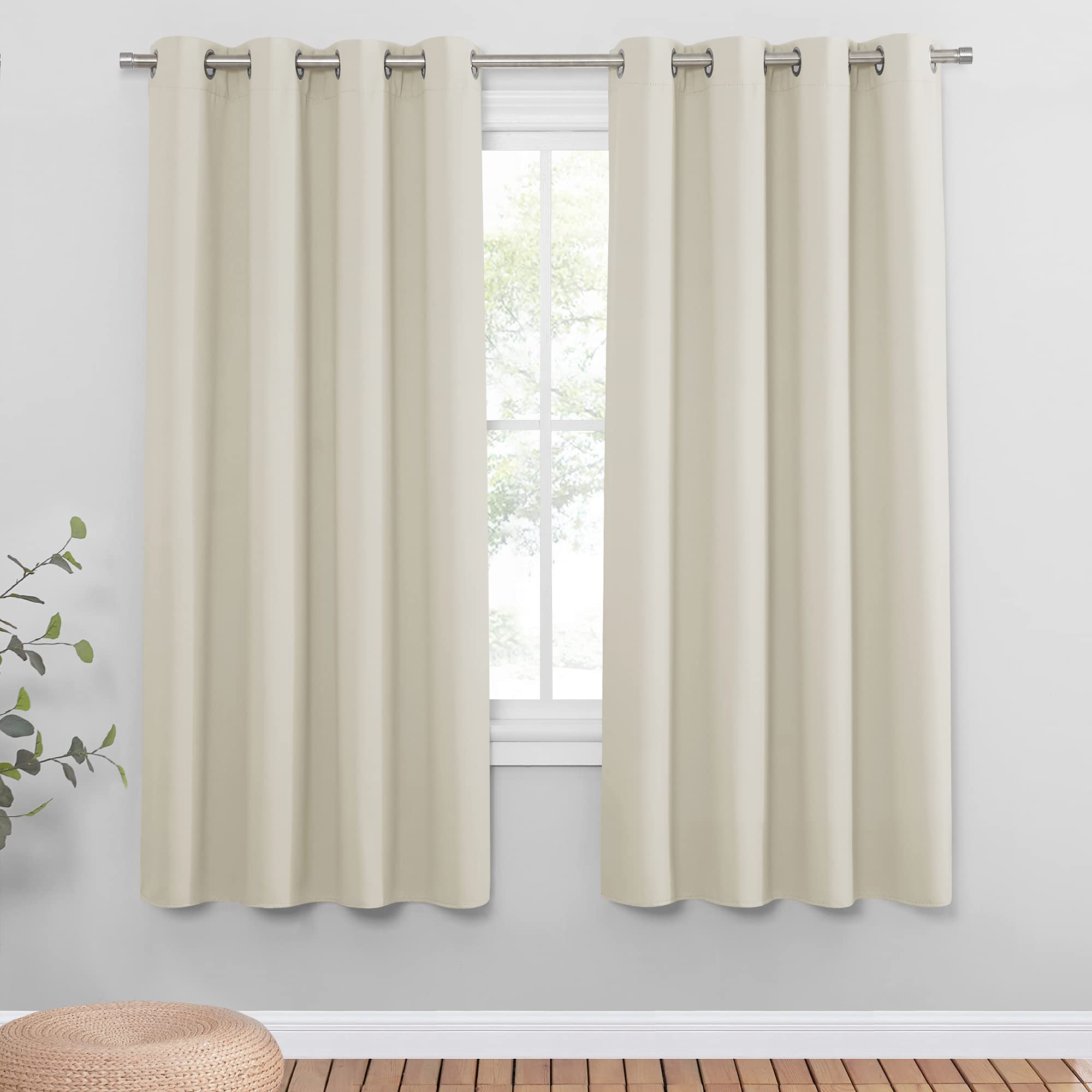 PONY DANCE Thermal Bedroom Curtains - Beige Short Energy Saving Curtains & Drapes for Living Room Kitchen Nursery Window Treatment for Home Decoration, 2 Panels, 55 x 69 Inch, Beige