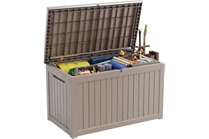 PatioZen 230 Gallon Large Deck Box,Resin Outdoor Storage Box with Lockable for Patio Furniture, Pool Accessories, Garden Tools Waterproof Outside Storage Box, Light Brown