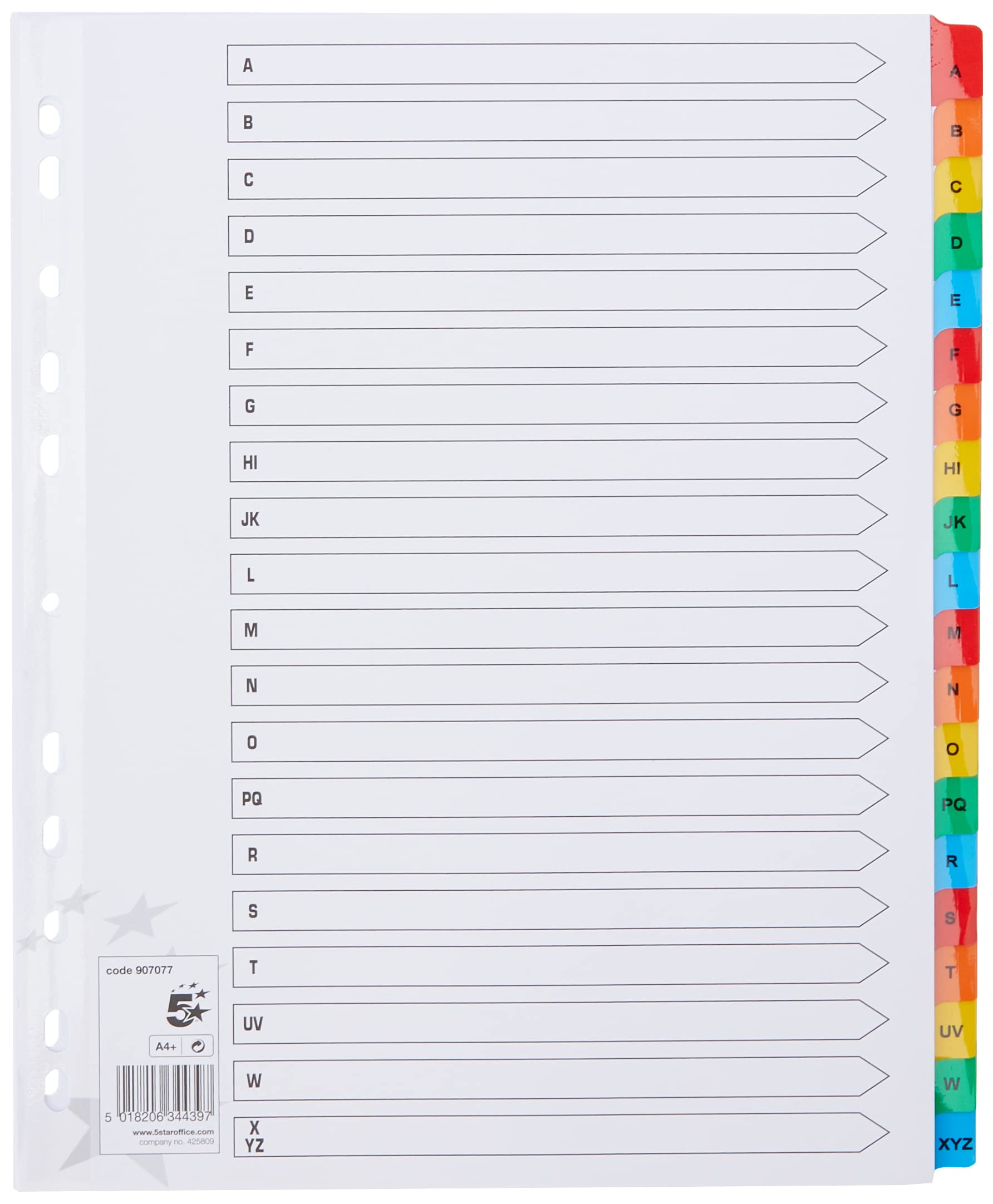 5 Star Maxi Index Extra-wide 230 micron Card with Coloured Mylar Tabs A-Z A4 White