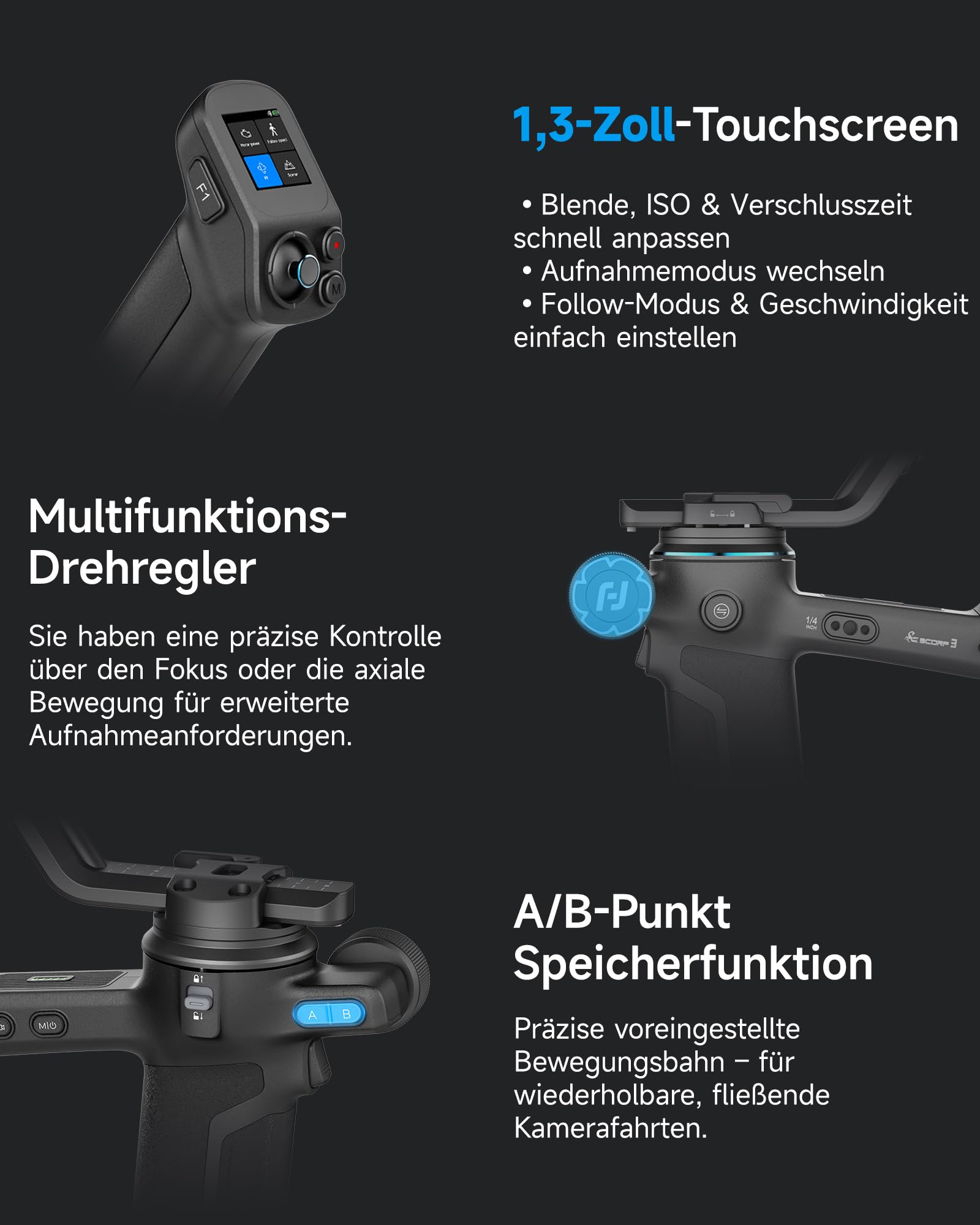 [Offiziell] FeiyuTech SCORP 3 DSLR Gimbal – 3,5 kg Traglast, 3-Achsen Kamera Stabilisator mit AI-Tracking, vertikale Aufnahme, 14 h Laufzeit, Remote-Griff, für Sony/Canon/Nikon 6